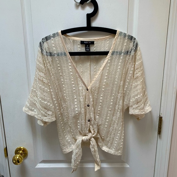 Lace Button-down Cardigan with Tie - Picture 1 of 4